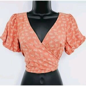 American Eagle Wrap Top S Coral‎ White Floral Short Puff Sleeve Cropped Boho Tie